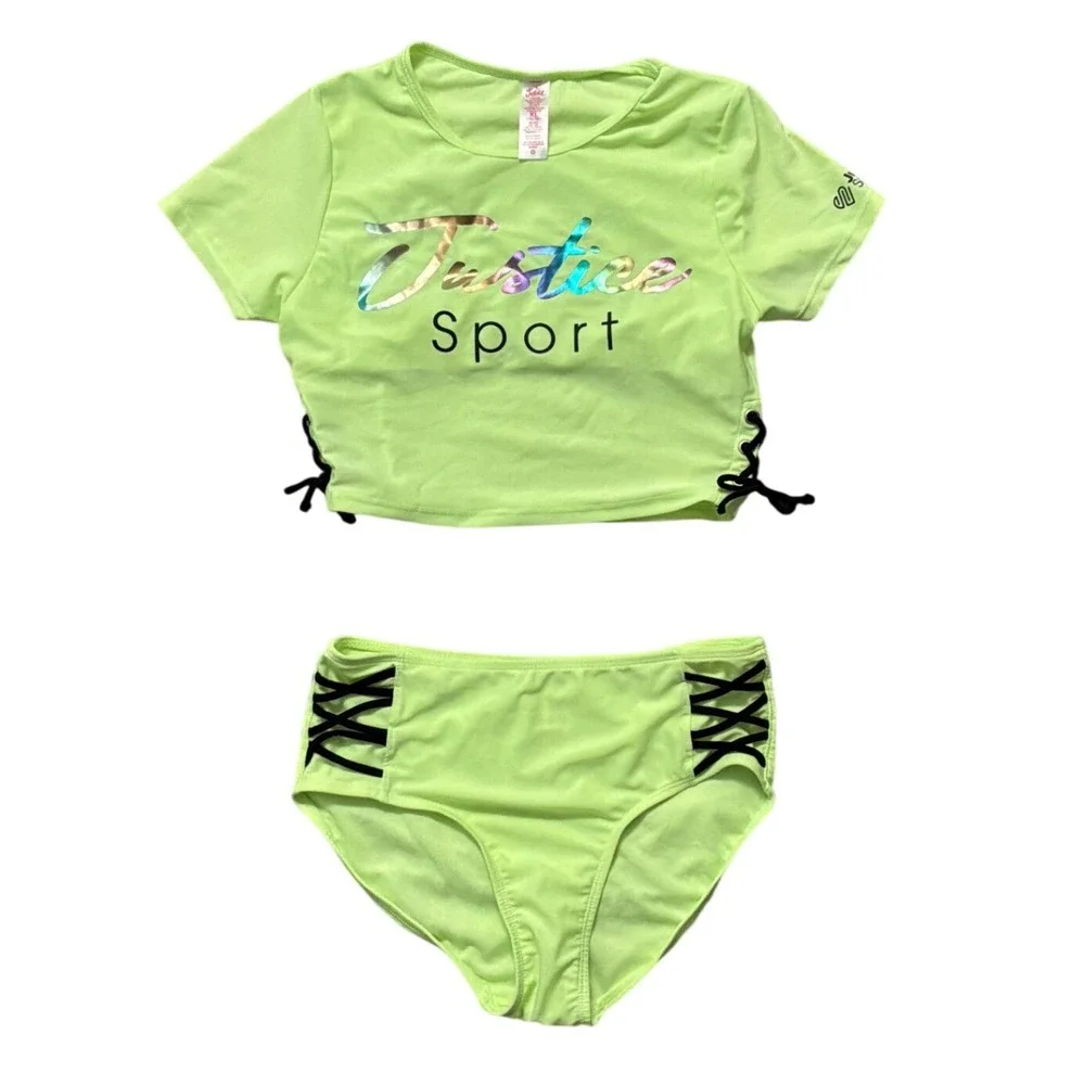 Justice Sport Girls Neon Lime Green‎ Lace Up 2 Piece Swimsuit Set XL 16/18